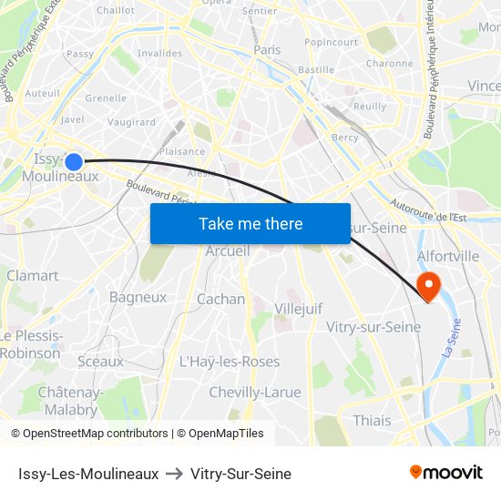 Issy-Les-Moulineaux to Vitry-Sur-Seine map