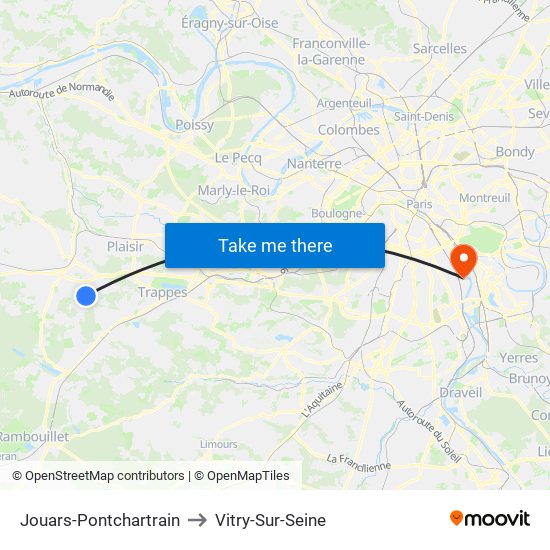 Jouars-Pontchartrain to Vitry-Sur-Seine map