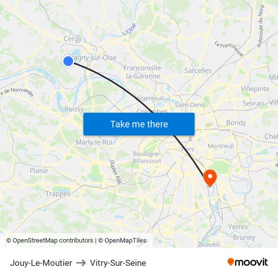 Jouy-Le-Moutier to Vitry-Sur-Seine map