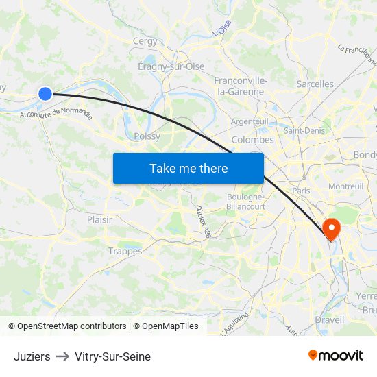 Juziers to Vitry-Sur-Seine map