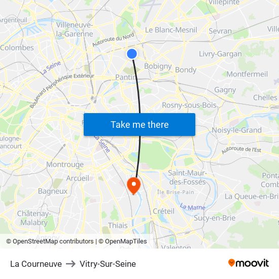 La Courneuve to Vitry-Sur-Seine map