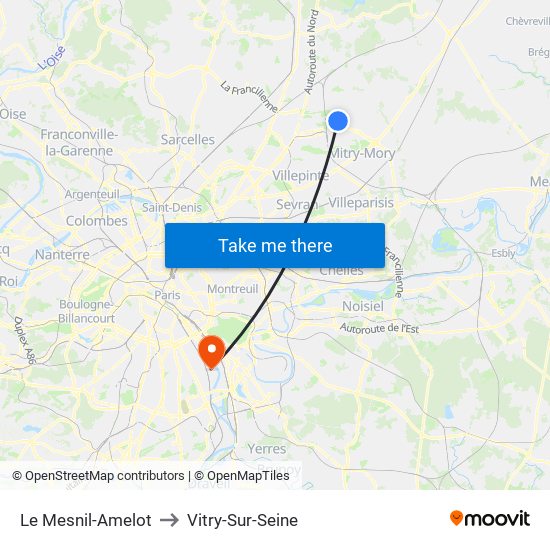 Le Mesnil-Amelot to Vitry-Sur-Seine map