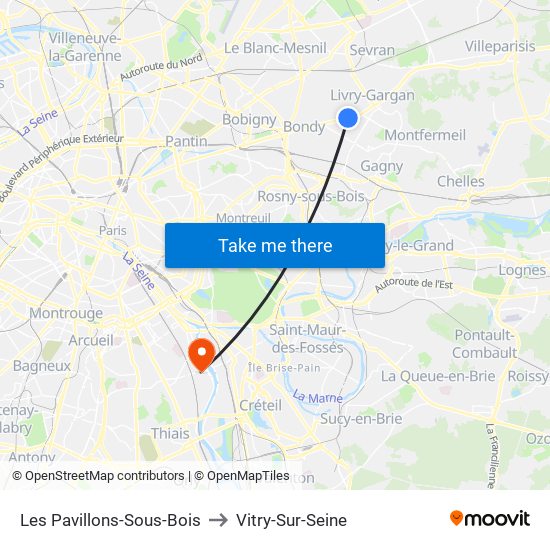 Les Pavillons-Sous-Bois to Vitry-Sur-Seine map