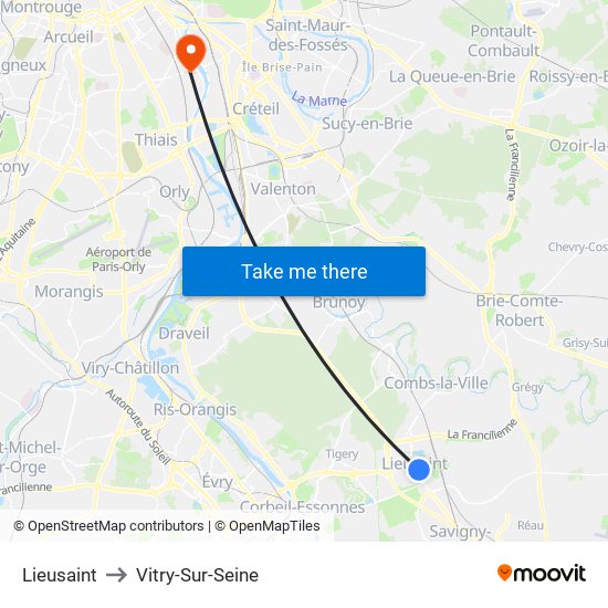 Lieusaint to Vitry-Sur-Seine map