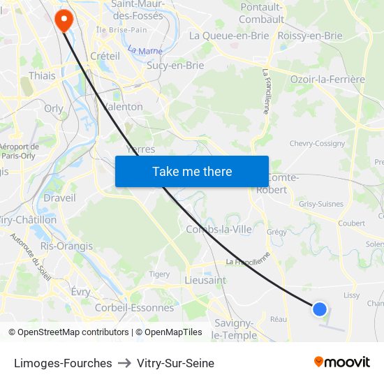 Limoges-Fourches to Vitry-Sur-Seine map