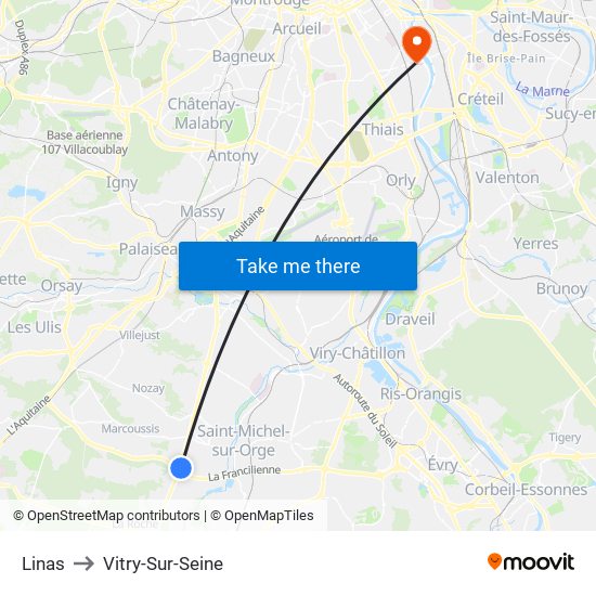 Linas to Vitry-Sur-Seine map