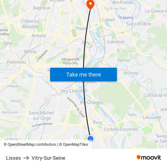 Lisses to Vitry-Sur-Seine map
