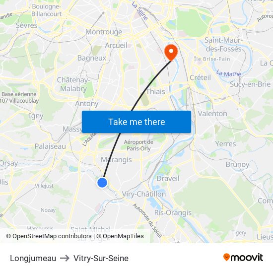 Longjumeau to Vitry-Sur-Seine map