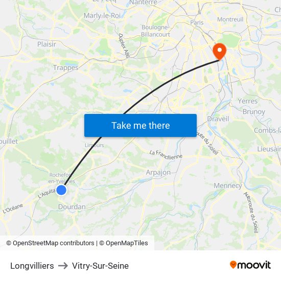 Longvilliers to Vitry-Sur-Seine map