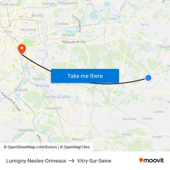 Lumigny-Nesles-Ormeaux to Vitry-Sur-Seine map