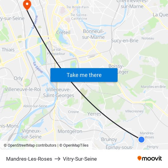 Mandres-Les-Roses to Vitry-Sur-Seine map