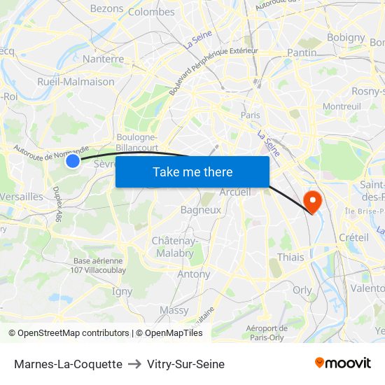 Marnes-La-Coquette to Vitry-Sur-Seine map