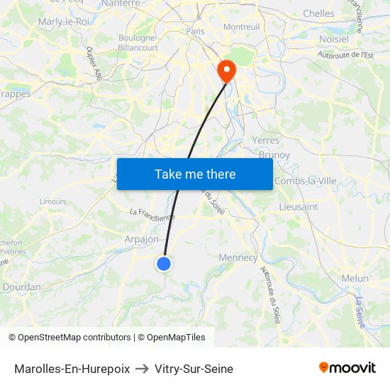 Marolles-En-Hurepoix to Vitry-Sur-Seine map