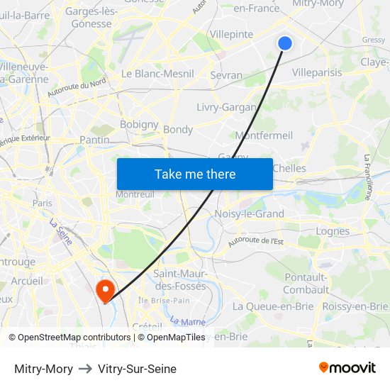 Mitry-Mory to Vitry-Sur-Seine map