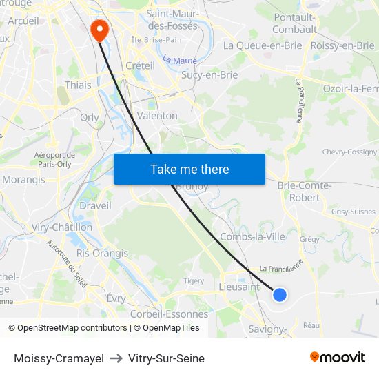 Moissy-Cramayel to Vitry-Sur-Seine map