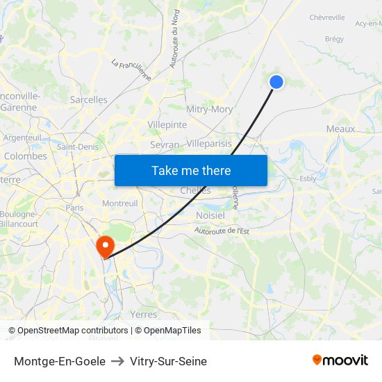 Montge-En-Goele to Vitry-Sur-Seine map