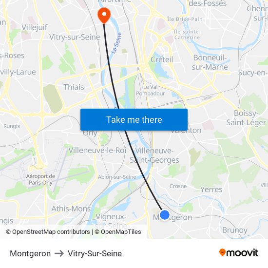 Montgeron to Vitry-Sur-Seine map