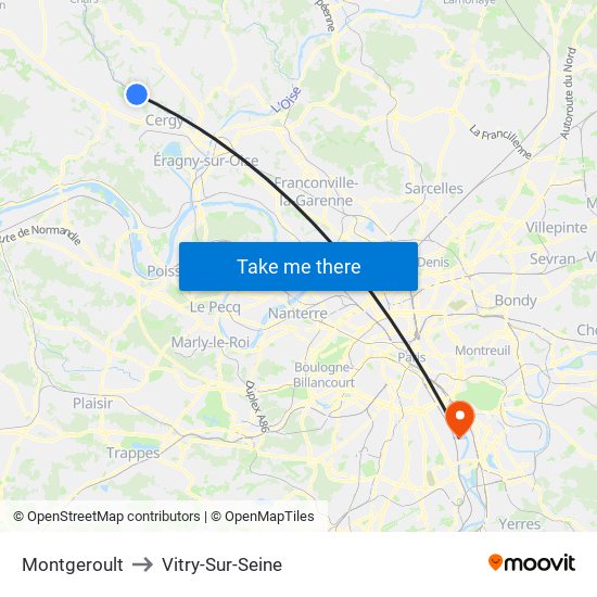 Montgeroult to Vitry-Sur-Seine map