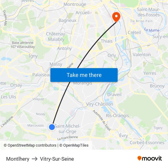 Montlhery to Vitry-Sur-Seine map