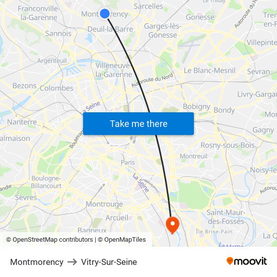 Montmorency to Vitry-Sur-Seine map