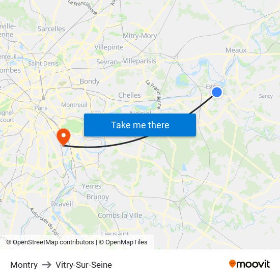 Montry to Vitry-Sur-Seine map