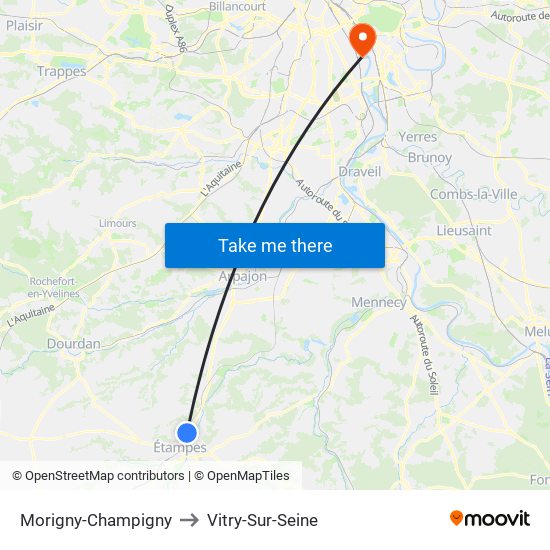 Morigny-Champigny to Vitry-Sur-Seine map