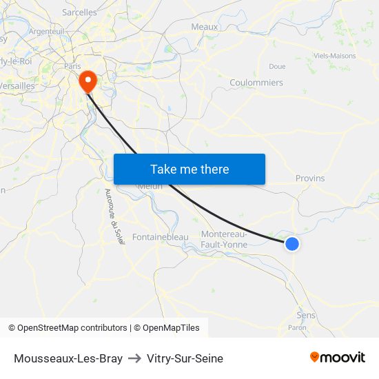 Mousseaux-Les-Bray to Vitry-Sur-Seine map