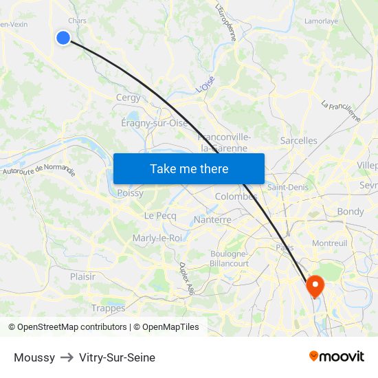 Moussy to Vitry-Sur-Seine map