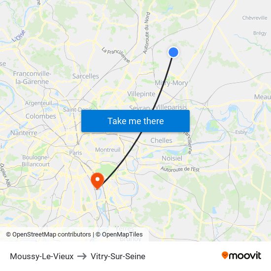 Moussy-Le-Vieux to Vitry-Sur-Seine map