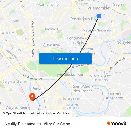 Neuilly-Plaisance to Vitry-Sur-Seine map