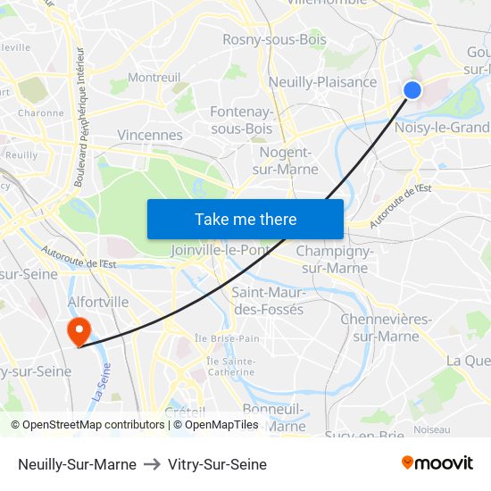 Neuilly-Sur-Marne to Vitry-Sur-Seine map