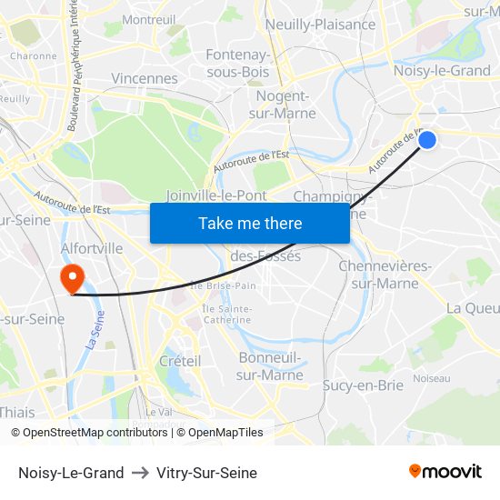 Noisy-Le-Grand to Vitry-Sur-Seine map