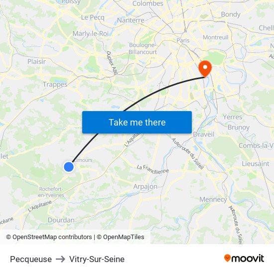 Pecqueuse to Vitry-Sur-Seine map