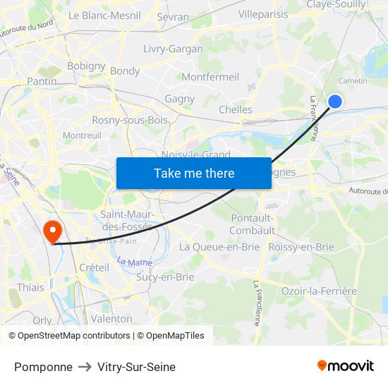 Pomponne to Vitry-Sur-Seine map