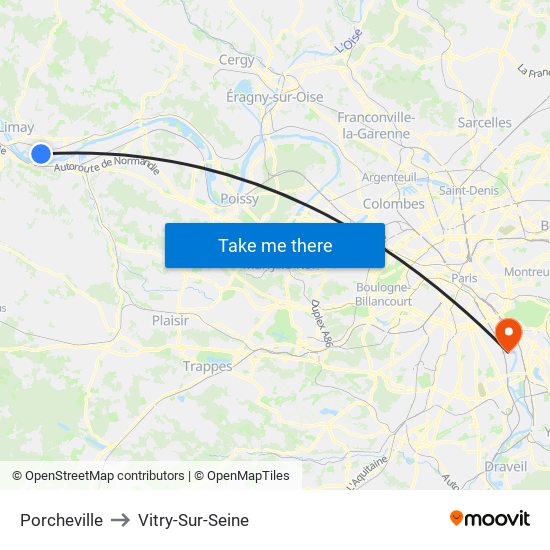 Porcheville to Vitry-Sur-Seine map