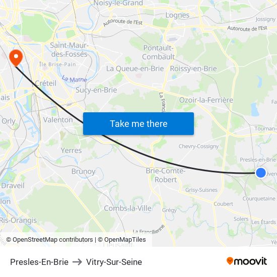 Presles-En-Brie to Vitry-Sur-Seine map