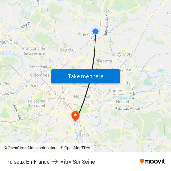 Puiseux-En-France to Vitry-Sur-Seine map