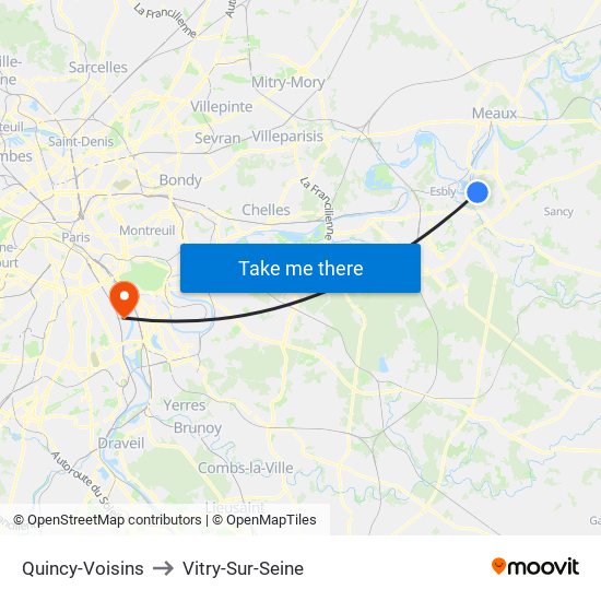 Quincy-Voisins to Vitry-Sur-Seine map