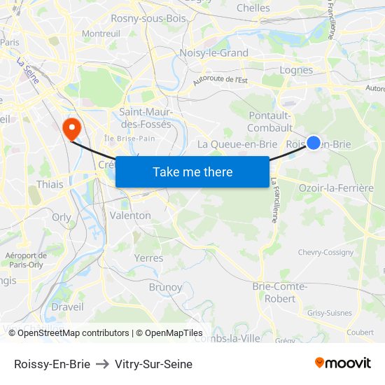 Roissy-En-Brie to Vitry-Sur-Seine map