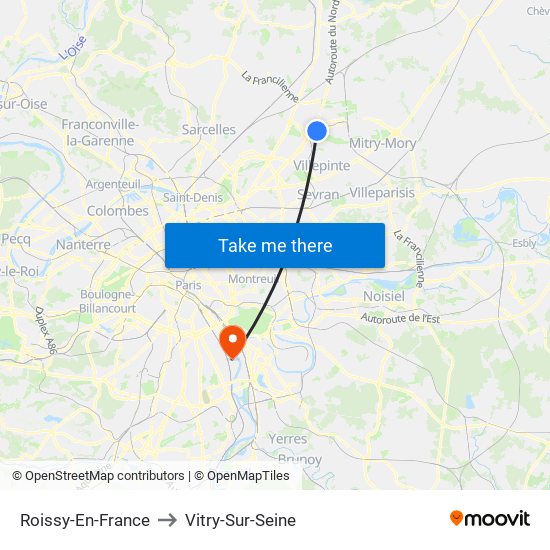 Roissy-En-France to Vitry-Sur-Seine map