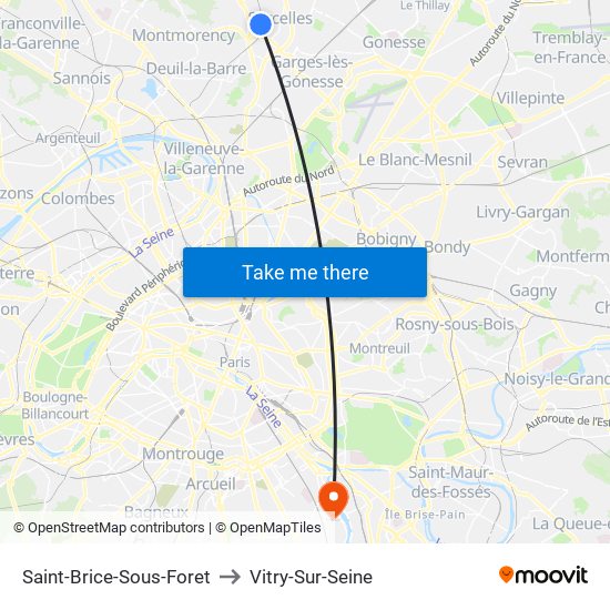 Saint-Brice-Sous-Foret to Vitry-Sur-Seine map