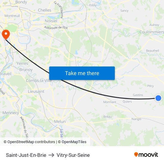 Saint-Just-En-Brie to Vitry-Sur-Seine map