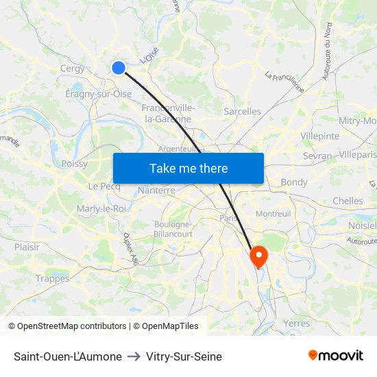 Saint-Ouen-L'Aumone to Vitry-Sur-Seine map