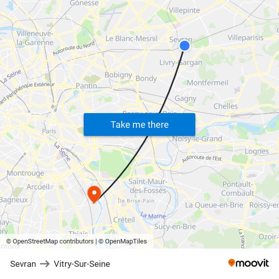 Sevran to Vitry-Sur-Seine map