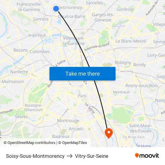 Soisy-Sous-Montmorency to Vitry-Sur-Seine map