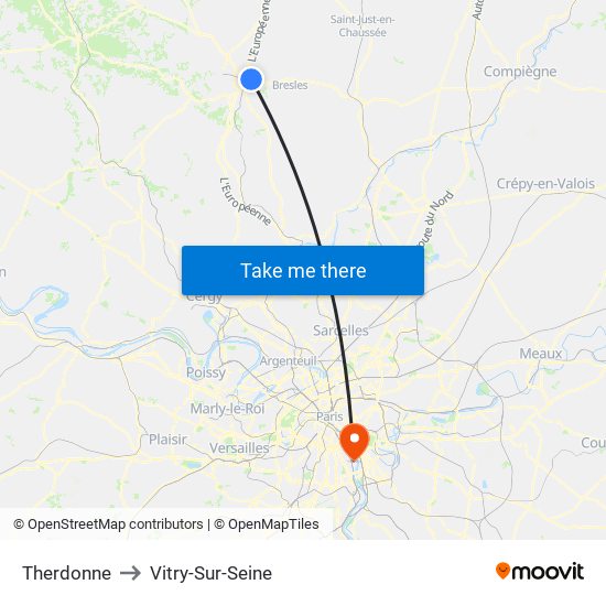 Therdonne to Vitry-Sur-Seine map