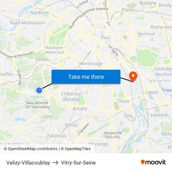 Velizy-Villacoublay to Vitry-Sur-Seine map