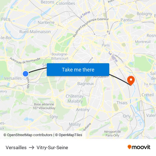 Versailles to Vitry-Sur-Seine map