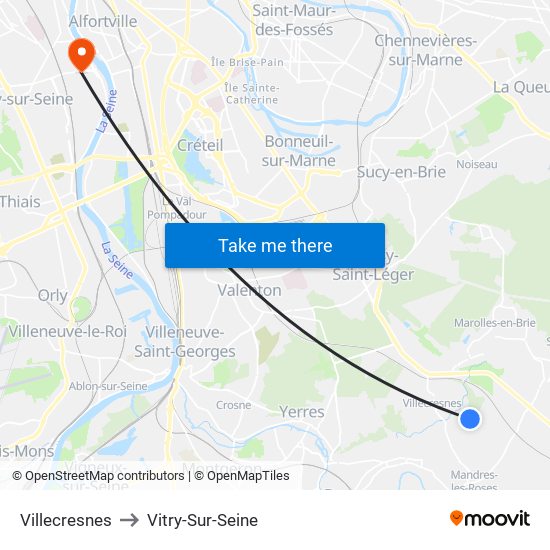 Villecresnes to Vitry-Sur-Seine map