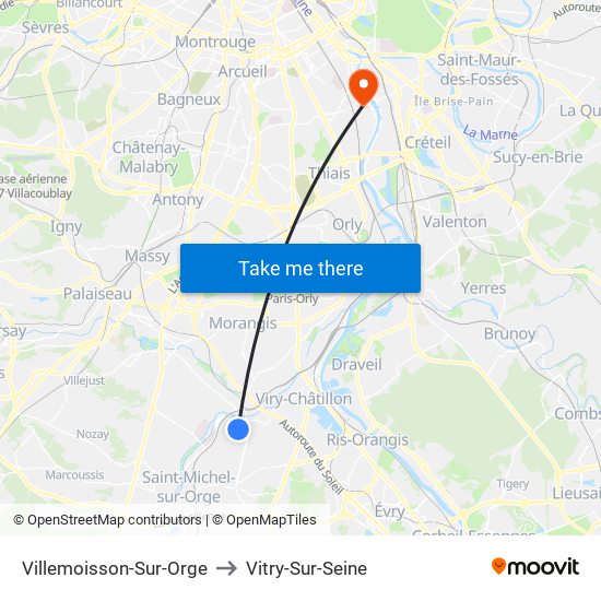 Villemoisson-Sur-Orge to Vitry-Sur-Seine map